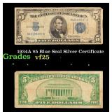 1934A $5 Blue Seal Silver Certificate Grades vf+
