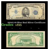 1934A $5 Blue Seal Silver Certificate Grades vf+