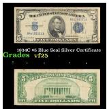 1934C $5 Blue Seal Silver Certificate Grades vf+
