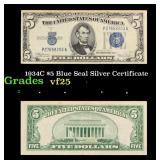 1934C $5 Blue Seal Silver Certificate Grades vf+