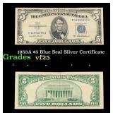1953A $5 Blue Seal Silver Certificate Grades vf+