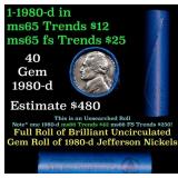 BU Shotgun Jefferson 5c roll, 1980-d 40 pcs Bank $