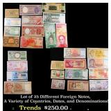 Lot of 25 Foreign Currency Notes, Various Countrie