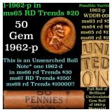 BU Shotgun Lincoln 1c roll, 1962-p 50 pcs Bank Wra