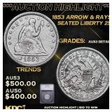 1853 arrow & rays Seated Liberty Quarter 25c au53