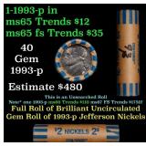BU Shotgun Jefferson 5c roll, 1993-p 40 pcs Bank $