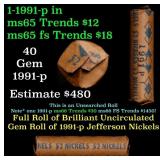 BU Shotgun Jefferson 5c roll, 1991-p 40 pcs Bank $