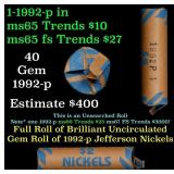 BU Shotgun Jefferson 5c roll, 1992-p 40 pcs Bank $