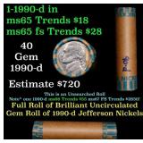 BU Shotgun Jefferson 5c roll, 1990-d 40 pcs Bank $