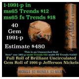 BU Shotgun Jefferson 5c roll, 1991-p 40 pcs Bank $