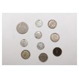 Group of 10 Coins, 4x 1/4 Bolivar, Sixpence, 1/4 G