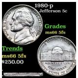 1980-p Jefferson Nickel 5c Grades GEM+ 5fs