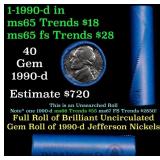 BU Shotgun Jefferson 5c roll, 1990-d 40 pcs Bank $