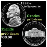 1992-s Proof Jefferson Nickel 5c Grades GEM++ Proo