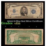 1934A $5 Blue Seal Silver Certificate Grades vf+
