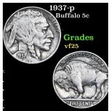 1937-p Buffalo Nickel 5c Grades vf+
