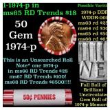 BU Shotgun Lincoln 1c roll, 1974-p 50 pcs Bank Wra