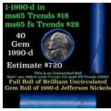 BU Shotgun Jefferson 5c roll, 1990-d 40 pcs Bank $