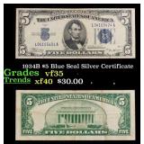 1934B $5 Blue Seal Silver Certificate Grades vf++