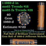 BU Shotgun Jefferson 5c roll, 1989-d 40 pcs Bank $