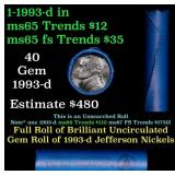 BU Shotgun Jefferson 5c roll, 1993-d 40 pcs Bank $