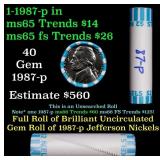 BU Shotgun Jefferson 5c roll, 1987-p 40 pcs Bank $