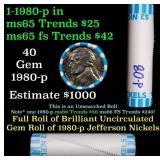 BU Shotgun Jefferson 5c roll, 1980-p 40 pcs Bank $