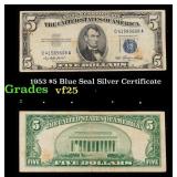 1953 $5 Blue Seal Silver Certificate Grades vf+