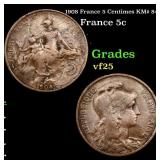 1908 France 5 Centimes KM# 842 Grades vf+
