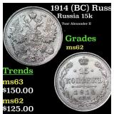 1914 (BC) Russia 15 Kopeks Silver Y# 21a.2 Grades