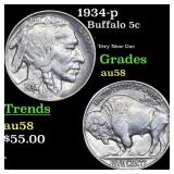 1934-p Buffalo Nickel 5c Grades Choice AU/BU Slide