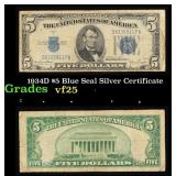 1934D $5 Blue Seal Silver Certificate Grades vf+