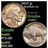 1937-p Buffalo Nickel 5c Grades Choice+ Unc