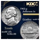 1962-p Jefferson Nickel 5c Grades GEM+ 5fs