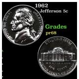 1962 Proof Jefferson Nickel 5c Grades GEM++ Proof