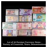 Lot of 25 Foreign Currency Notes - Variety of Coun