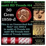 BU Shotgun Lincoln 1c roll, 1959-d 50 pcs Dunbar W