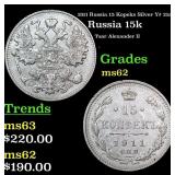 1911 Russia 15 Kopeks Silver Y# 21a.2 Grades Selec