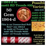 BU Shotgun Lincoln 1c roll, 1964-d 50 pcs Dunbar W