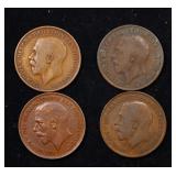 Group of 4 Coins, Great Britain Pennies, 1913, 191