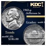 1962-p Jefferson Nickel 5c Grades GEM+ 5fs