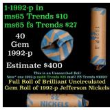BU Shotgun Jefferson 5c roll, 1992-p 40 pcs Bank $