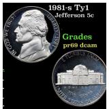 1981-s Ty1 Proof Jefferson Nickel 5c Grades GEM++