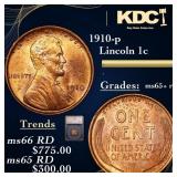 1910-p Lincoln Cent 1c Graded ms65+ rd By SEGS