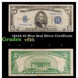 1934A $5 Blue Seal Silver Certificate Grades vf+