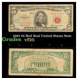 1963 $5 Red Seal United States Note Grades vf+