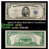 1953A $5 Blue Seal Silver Certificate Grades xf+