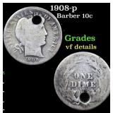 1908-p Barber Dime 10c Grades vf details