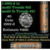 BU Shotgun Jefferson 5c roll, 1992-p 40 pcs Bank $