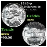 1943-p Jefferson Nickel 5c Grades GEM++ Unc